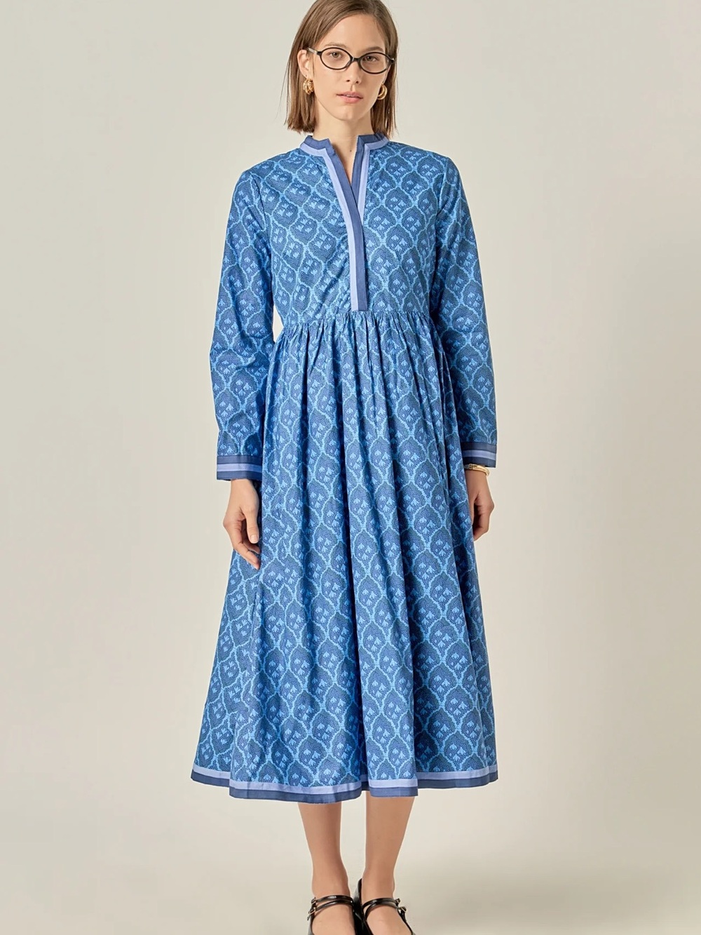 EUC Hyacinth House English Factory stripe Blue Printed Long-Sleeve Midi Dress